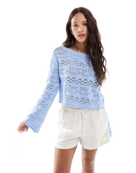 Cotton On crochet boatneck pullover in blue - view 1