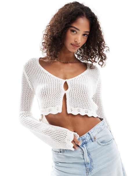 Cotton On crochet scallop cardigan in pocelain - view 1