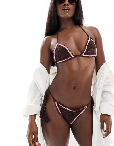 Cotton On crochet triangle bikini top in brown  - view 1