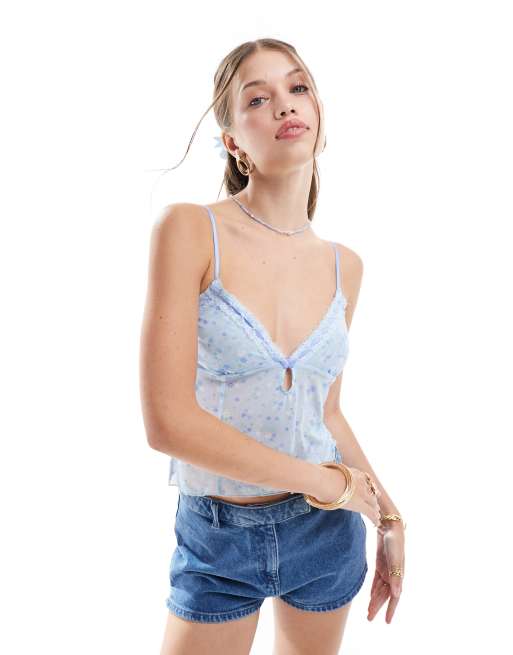 Cotton On - Crop top del pigiama con spalline sottili in rete blu a fiorellini 