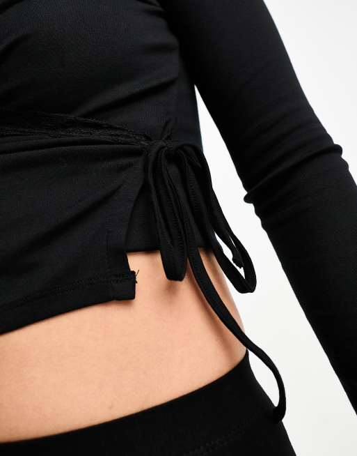Cotton On - Crop top manches longues croisé sur le devant en tissu gaufré , 4 de 4