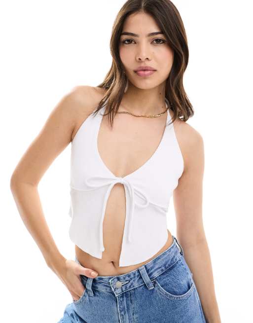 Cotton On - Cropped camitop met halternek in wit 