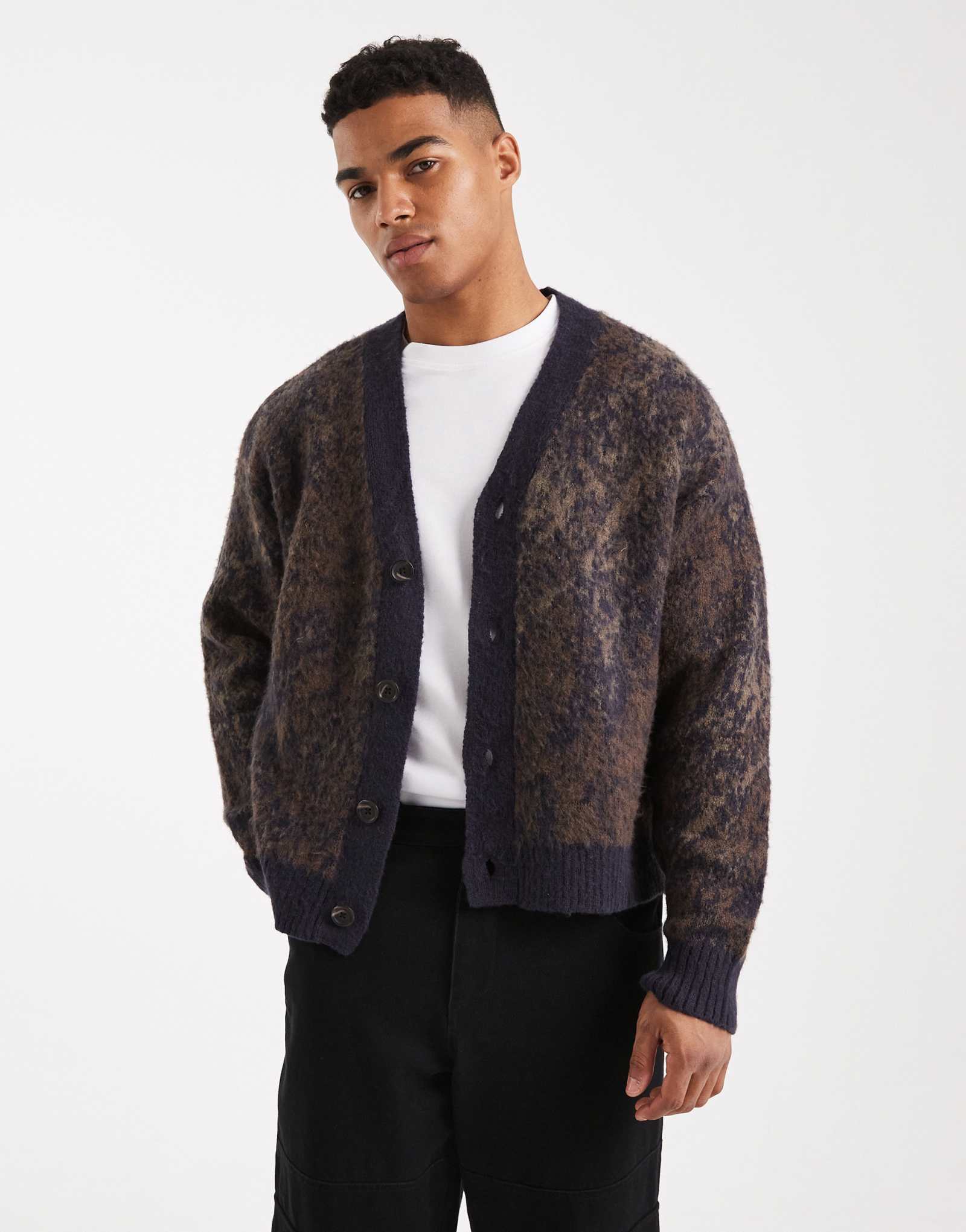 Укороченный кардиган из хлопка темно-синей фактуры