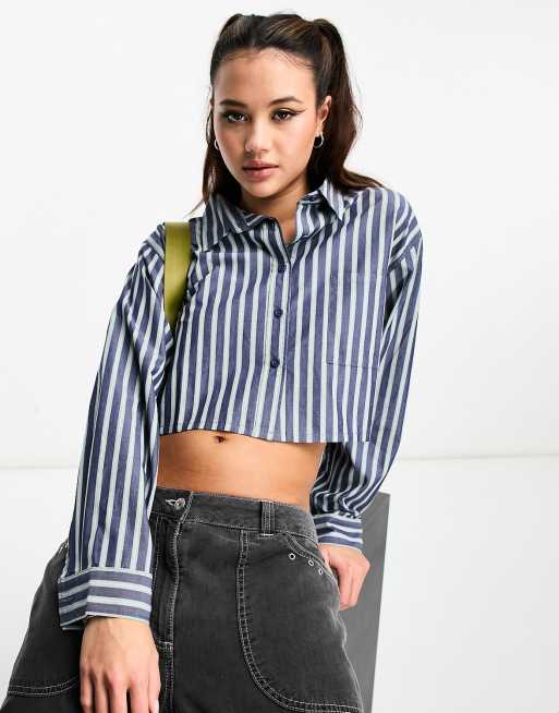Cotton On - Cropped dad overhemd in donkerblauw gestreept 