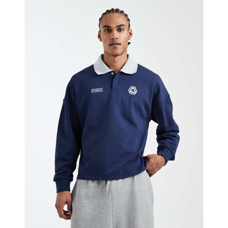 トップス FLEECE SWEAT POLO SHIRT Cotton On cropped fit graphic fleece polo shirt in navy | ASOS