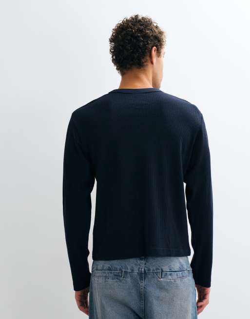 Cotton On cropped fit strukturiertes Langarm-T-Shirt in Vintage Navy mit Waffelstruktur, 5 von 5