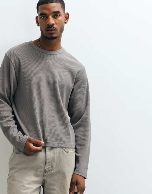 Cotton On cropped fit textured long sleeve top in slate stone waffle, 4 of 5