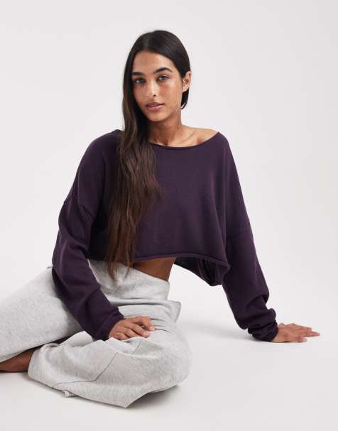 Cotton On - Cropped gebreide trui met blote schouder in chocoladebruin paars - view 1