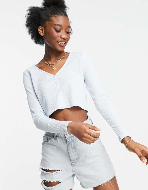 Cotton On - Cropped Henley top met knopen in blauw 
