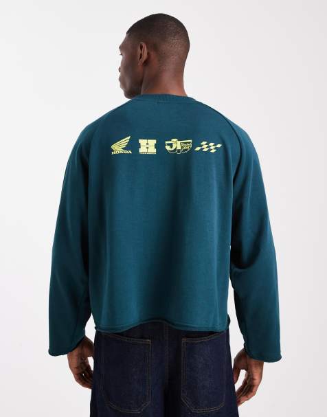Cotton On cropped honda jt racing crew neck fleece sweater in green - view 1