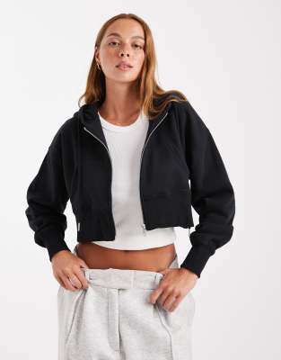 Cotton On - Cropped-Kapuzenjacke aus flauschigem Fleece in Schwarz mit durchgehendem Reißverschluss