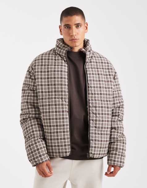 Cotton On cropped puffer jacket in chocolate check - view 1