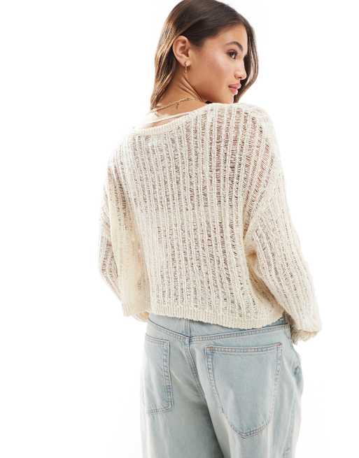 Cotton On - Cropped pullover-trøje i ecrufarvet stigestrik, 4 af 4