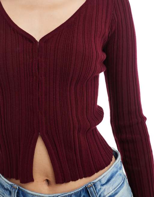 Cotton On cropped rib cardigan in deep pomegranate, 3 of 4