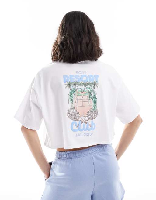 Cotton On - Cropped T-shirt met 'Resort Club'-print in wit