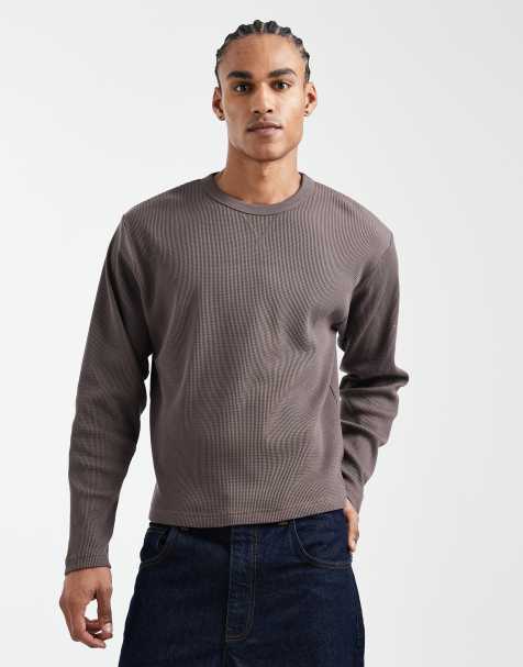 Cotton On - Cropped T-shirt met textuur en lange mouwen in chocoladebruin met wassing - view 1