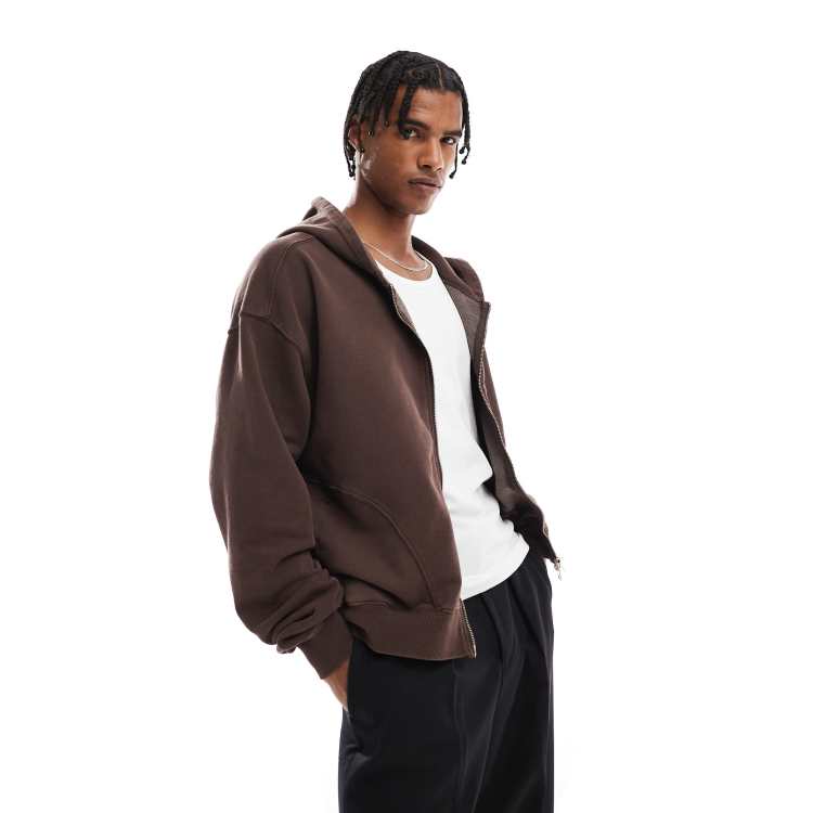 Cotton On cropped zip up hoodie in dark oak | ASOS