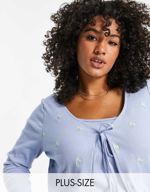 Cotton On Curve rib cami and cardi twin set in blue floral 