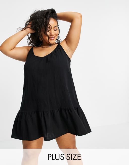 Cotton On Curve strappy tiered mini dress in black 