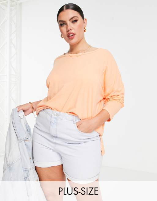 Cotton On Curve - T-shirt oversize color pesca con maniche lunghe e spacchetti laterali