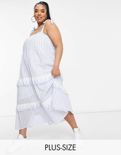 Cotton On Curve tie strap ruffle dress in blue stripe