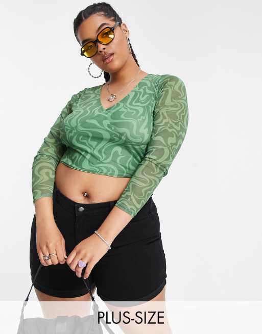 Cotton On Curve - Top verde con stampa astratta in rete aperto sul retro