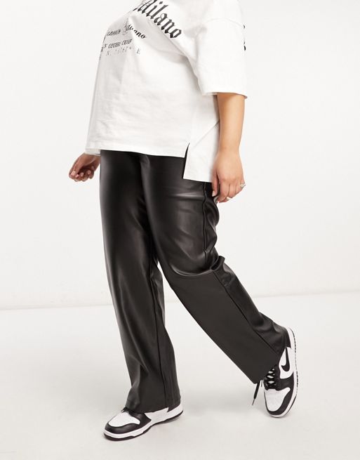 Bershka straight leg faux leather trousers in black