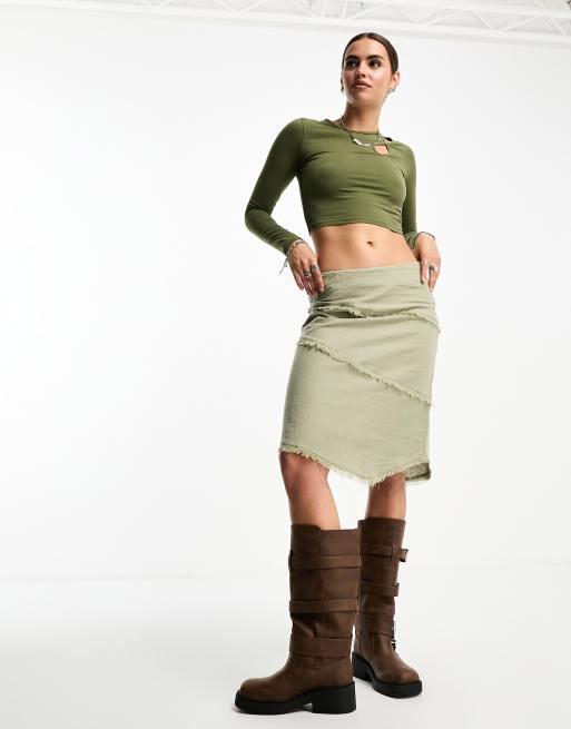 Cotton On cut out detail long sleeve crop top in khaki , 2 of 4