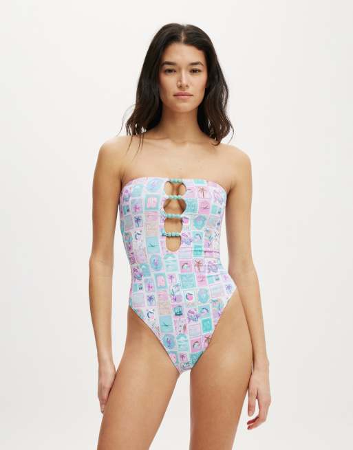 Cotton  On Cut out strapless one piece brazilian in multi 