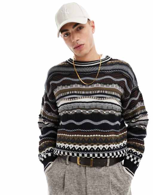 Cotton On – Czarno-brązowy sweter we wzór w stylu vintage
