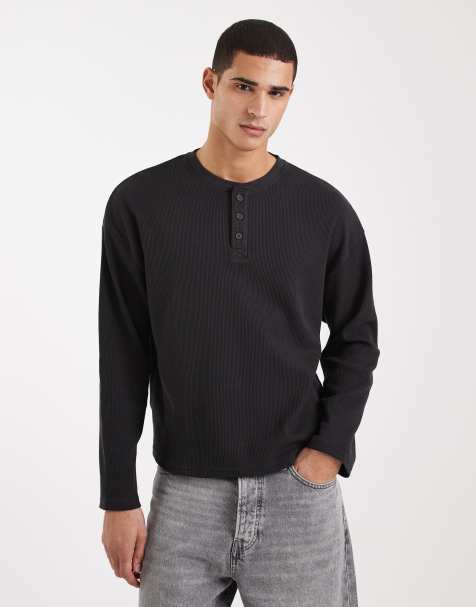 Cotton On – Czarny fakturowany T-shirt o luźnym kroju z długimi rękawami i kołnierzykiem henley - view 1