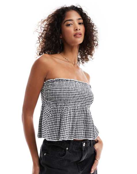 Cotton On – Czarny top z dekoltem bandeau w kratę vichy - view 1