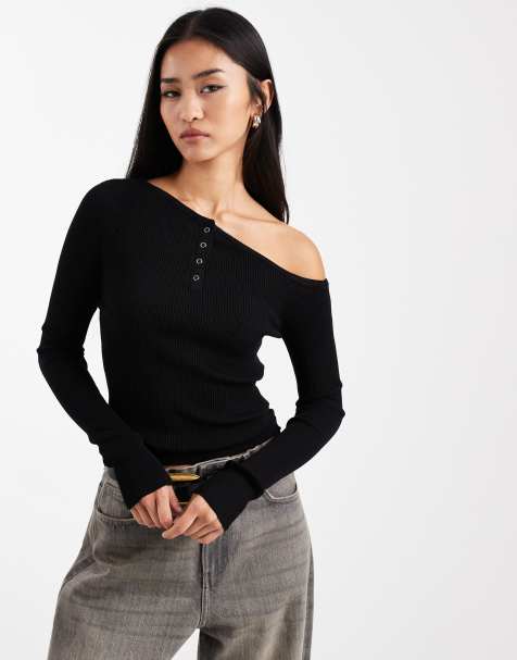 Cotton On – Czarny top z dekoltem henley z odkrytym ramieniem - view 1