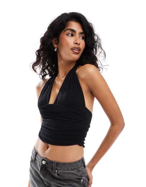 Cotton On – Czary prążkowany top z dekoltem halter i marszczeniem