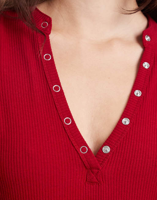 Cotton On – Czerwony top z dekoltem henley i długimi rękawami, 3 z 4