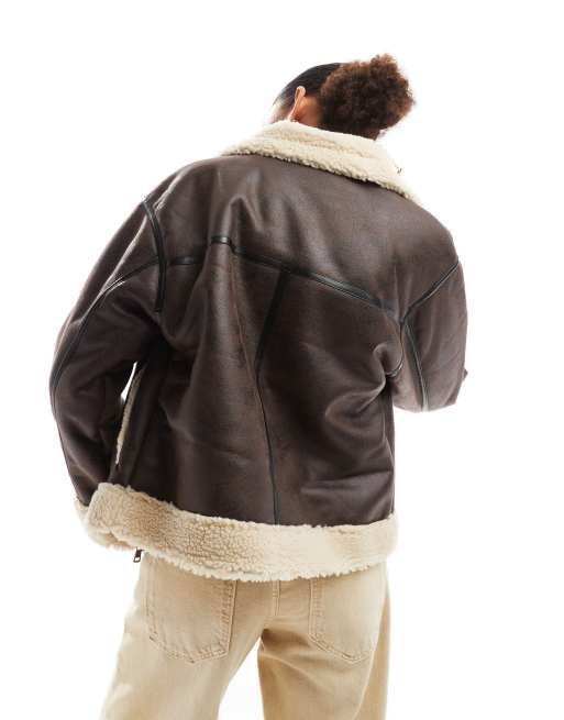Cotton On - Dakota - Brun og cremehvid aviator-jakke i imiteret læder, 2 af 4