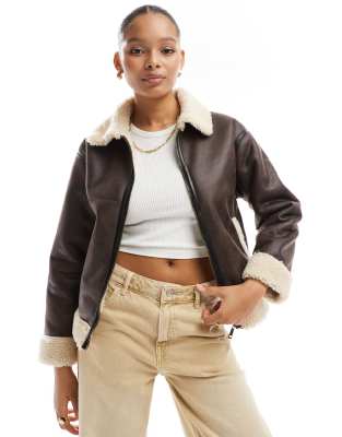 Cotton:on Cotton On Dakota Faux Leather Aviator Jacket In Brown And Cream