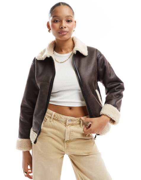 Cotton On dakota faux leather aviator jacket in brown cream - view 1