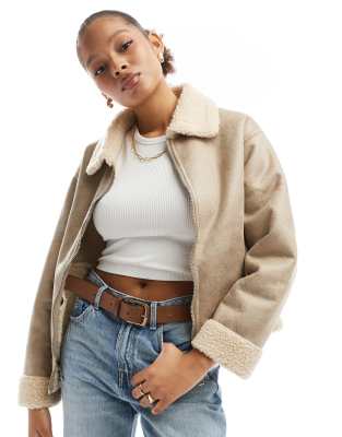 Cotton:On Cotton On Dakota faux leather aviator jacket in taupe-White