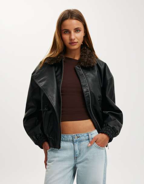 Cotton On Darcy faux leather bomber in black - view 1