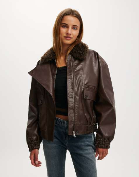 Cotton On Darcy faux leather bomber in brown - view 1
