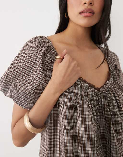Cotton On daydream babydoll top in hazel plaid, 3 of 4