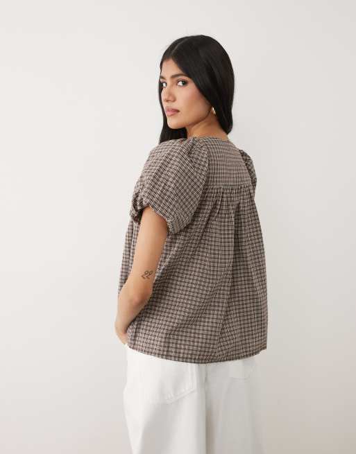 Cotton On - Daydream - Geruite babydoll top in lichtbruin, 4 van 4