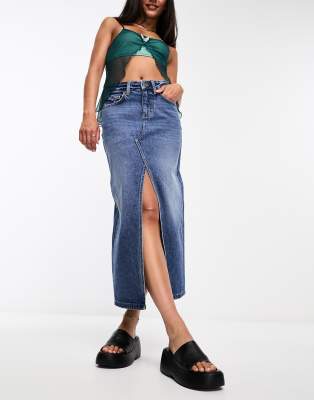 Cotton On denim maxi skirt in mid blue