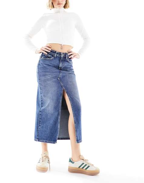 Cotton On - Denim midirok met split aan de voorkant in jaren 90-stijl in blauw met wassing - view 1
