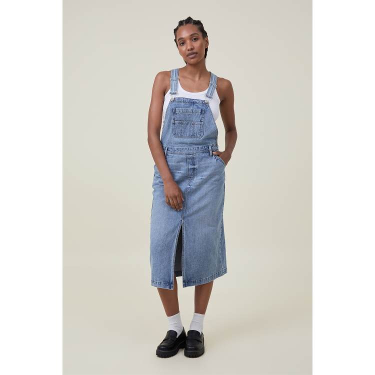 cotton on denim pinafore dress Vintage Denim Pinafore Mini Dress: Blue Cotton A-line Apron, XXS