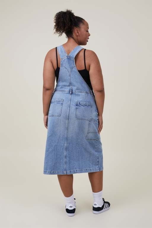 Long denim pinafore outlet dress