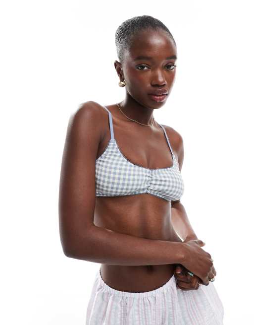 Cotton On Dottie woven scoop bralette in blue check - MBLUE
