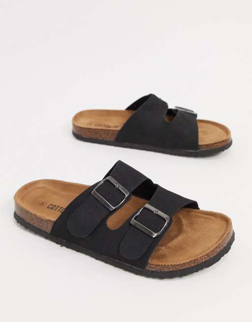 Mens Textured Moulded Buckles Foot Strap Slip On Sliders Open Toe