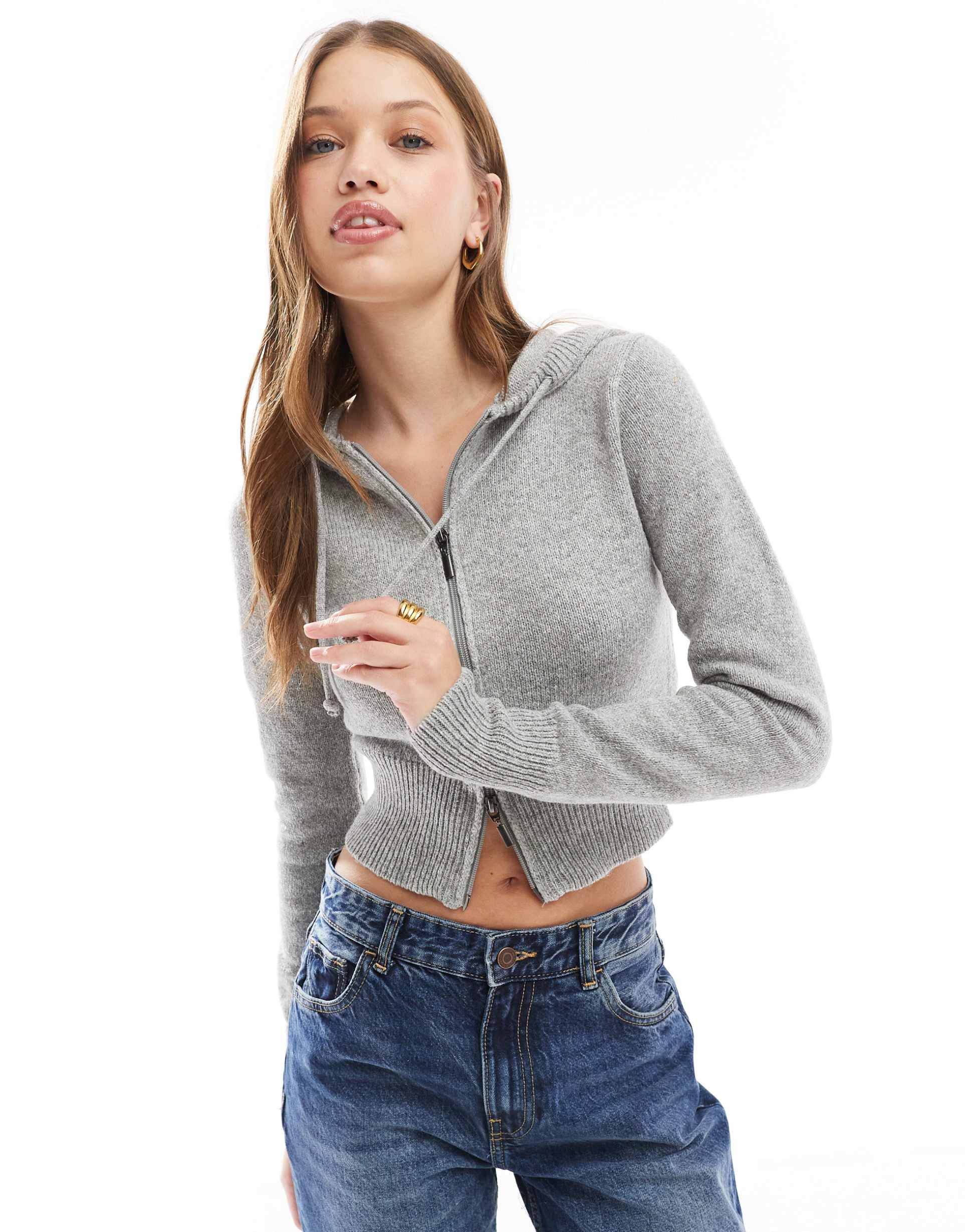 cotton on double zip hoodie in gray heather